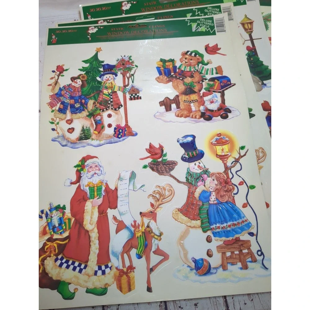 Vintage Lot of Christmas Holiday Window Static Cling 8 Sheets New & Used